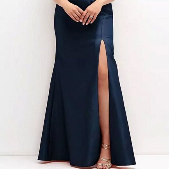 Alfred Sung Midnight Blue Off the Shoulder Bow Satin Gown D854 - Picture 2 of 6